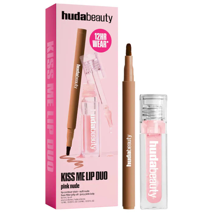 HUDA BEAUTY 
Kiss Me Lip Contour Stain and Lip Jelly Gift Set Color: Pink Nude - neutral brown and sheer rosy pink