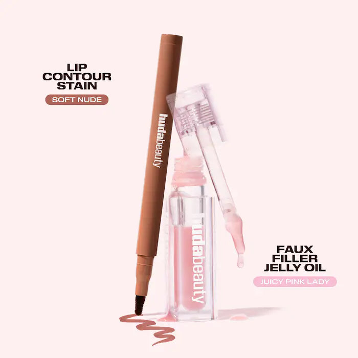 HUDA BEAUTY 
Kiss Me Lip Contour Stain and Lip Jelly Gift Set Color: Pink Nude - neutral brown and sheer rosy pink