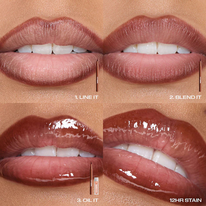 HUDA BEAUTY 
Kiss Me Lip Contour Stain and Lip Jelly Gift Set Color: Pink Nude - neutral brown and sheer rosy pink