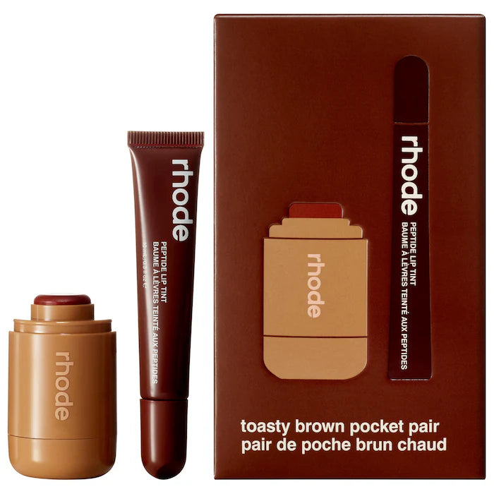 rhode 
RHODE Pocket Pair Limited Edition Lip + Cheek Set Color: toasted teddy + espresso - a toasty brown pair