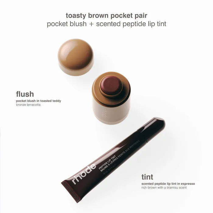 rhode 
RHODE Pocket Pair Limited Edition Lip + Cheek Set Color: toasted teddy + espresso - a toasty brown pair
