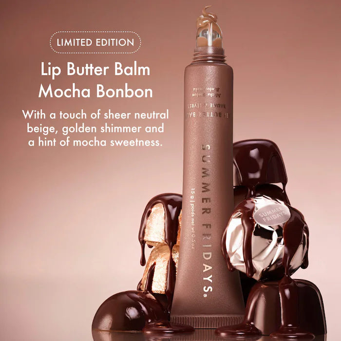 Summer Fridays 
Lip Butter Balm Treatment for Hydration + Nourishing Shine Color: Mocha Bonbon - Sheer neutral beige with golden shimmer