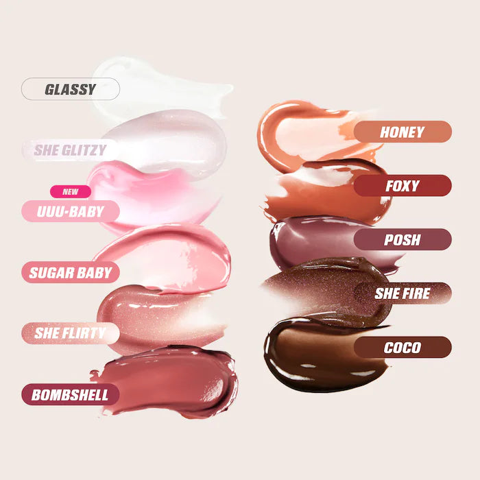 HUDA BEAUTY  Faux Filler Shiny Non-Sticky Lip Gloss-Color: She Fire - a sheer deep brown gloss