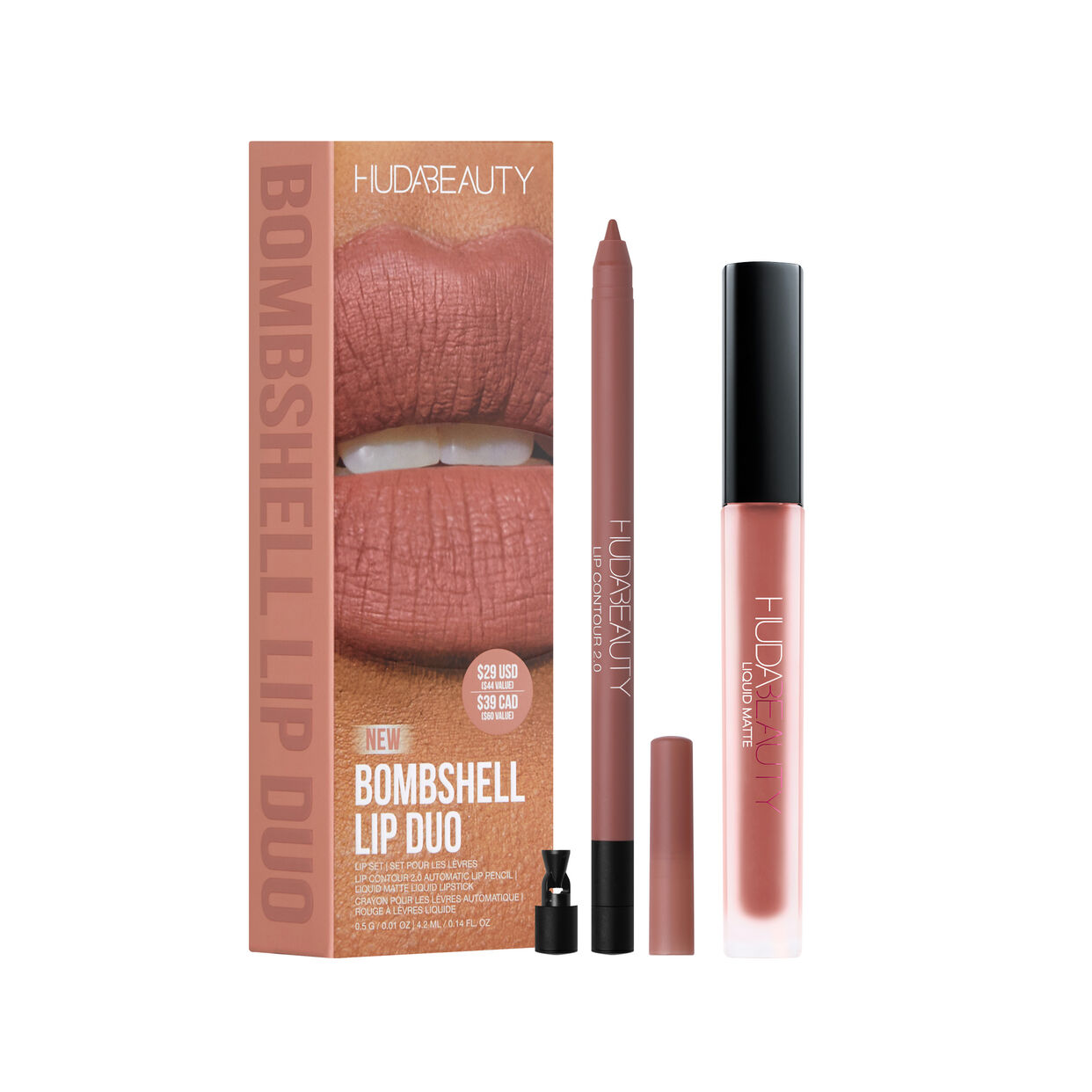 HUDA BEAUTY BOMBSHELL LIP DUO - LIP CONTOUR 2.0  BOMBSHELL PINKY BROWN AND BOMBSHELL LIQUID MATTE -