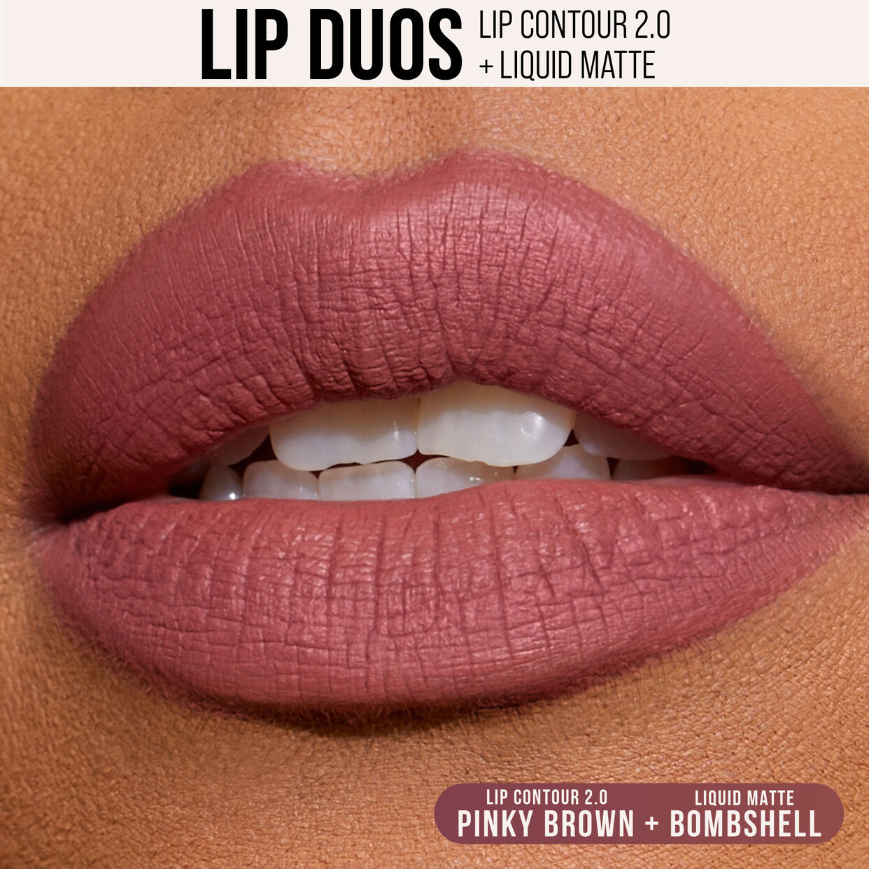 HUDA BEAUTY BOMBSHELL LIP DUO - LIP CONTOUR 2.0  BOMBSHELL PINKY BROWN AND BOMBSHELL LIQUID MATTE -