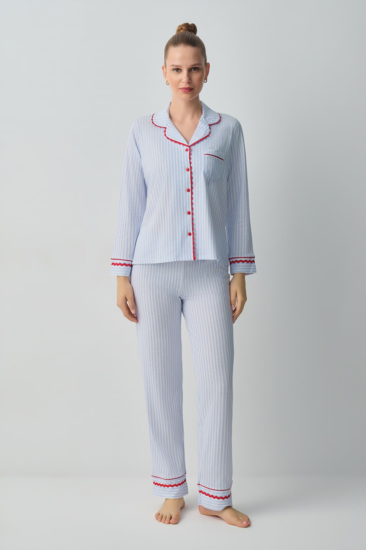 Blue Line Print Tiny Shirt Collar Pyjamas Set