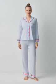 Blue Line Print Tiny Shirt Collar Pyjamas Set
