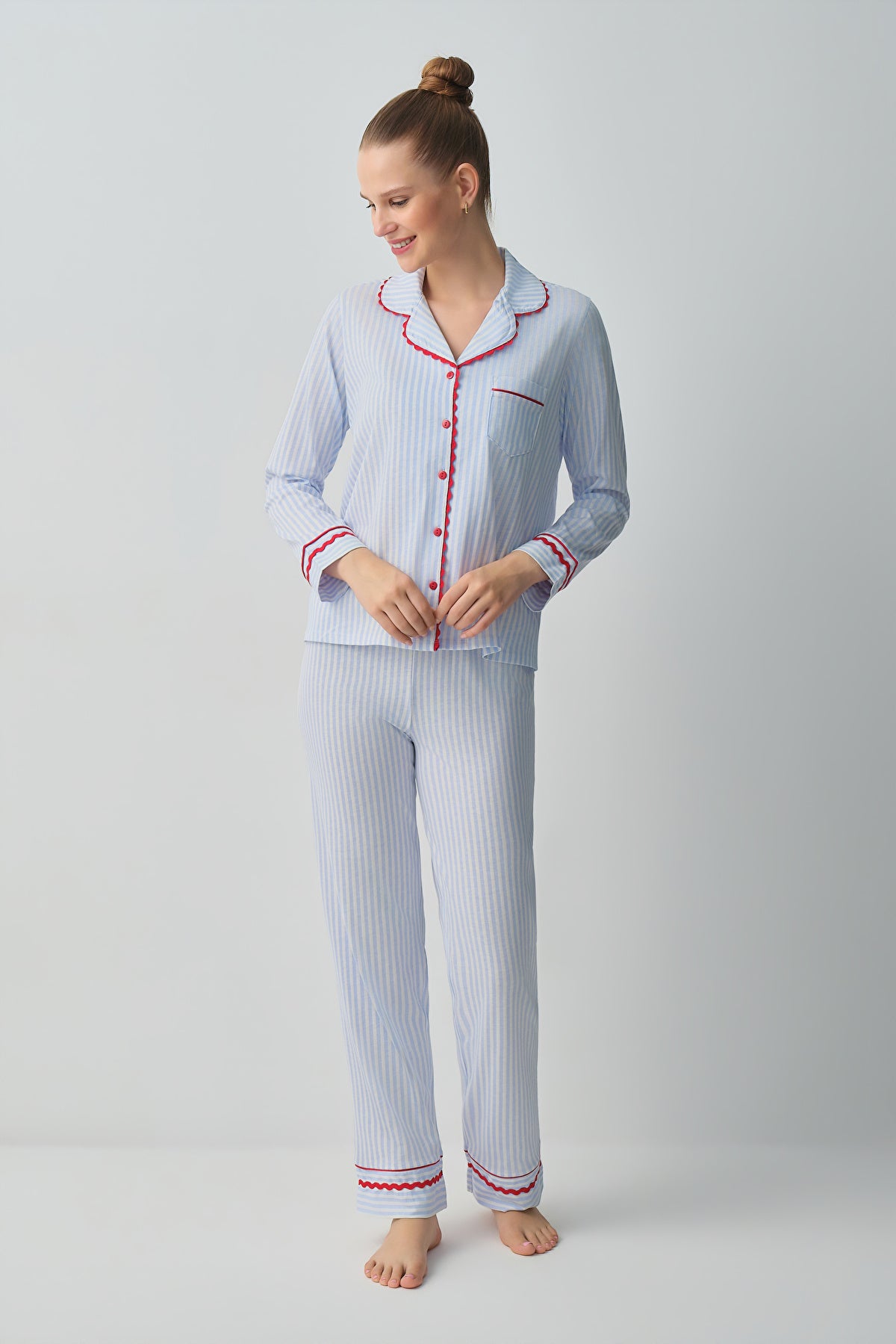 Blue Line Print Tiny Shirt Collar Pyjamas Set