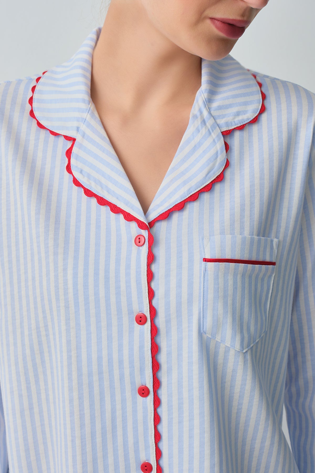 Blue Line Print Tiny Shirt Collar Pyjamas Set