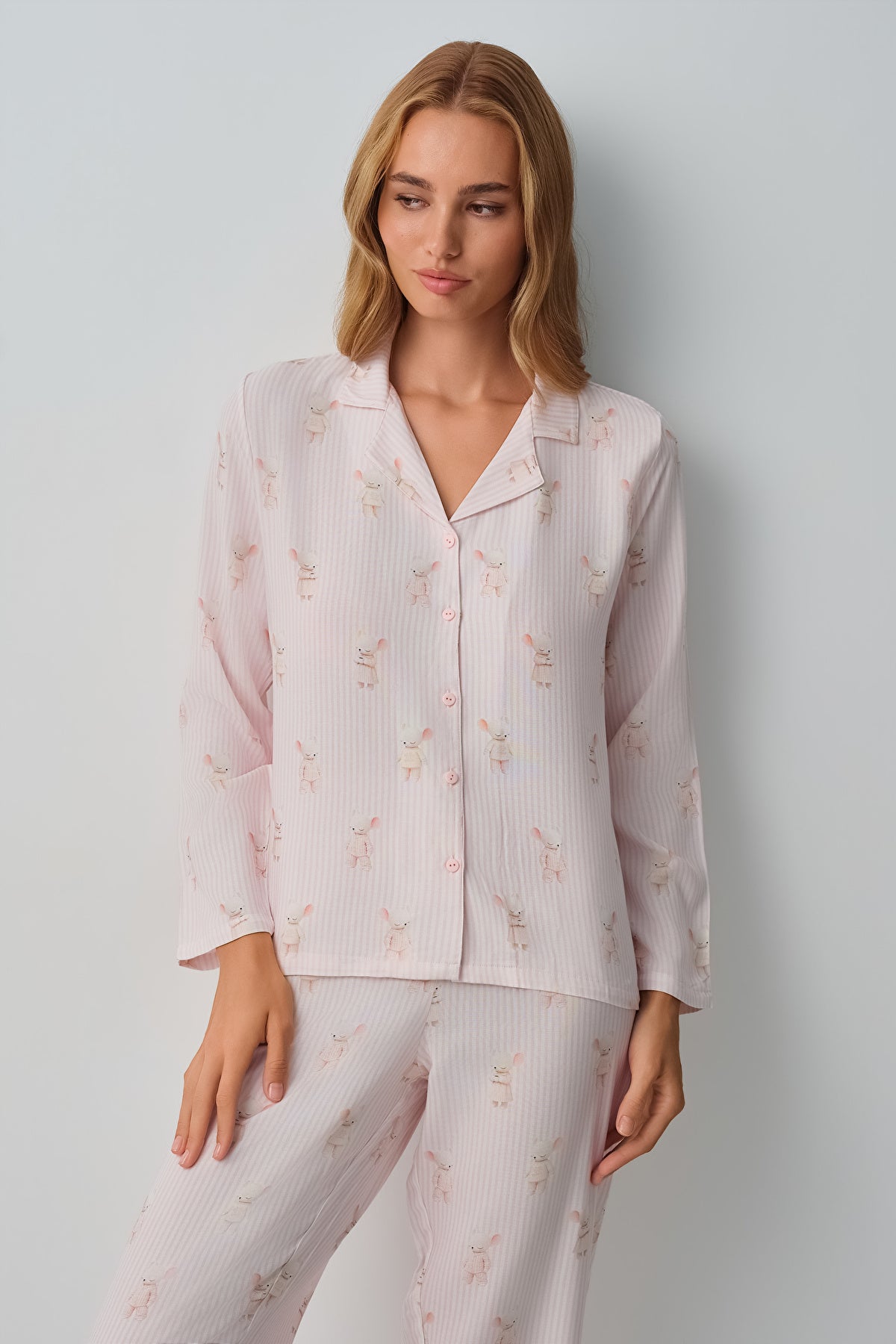 Pink Line Lulusu Shirt Collar Pyjamas Set