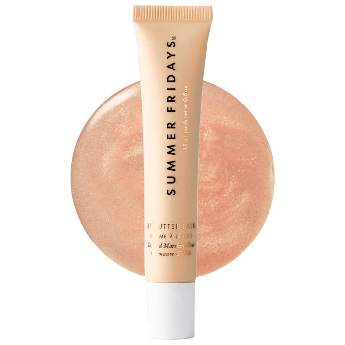 Summer Fridays 
Lip Butter Balm Treatment for Hydration + Nourishing Shine.                              Color: Toasted Marshmallow - sheer golden shimmer + toasted marshmallow flavor