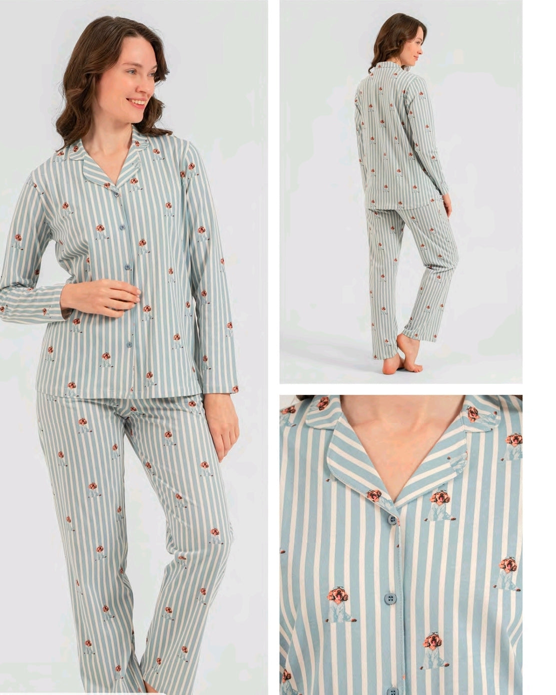 Women's Teddy Bear Blue Striped Pajama Set