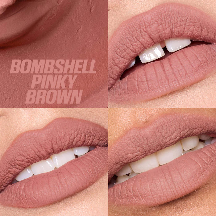 HUDA BEAUTY 
Liquid Matte Mousse Soft Blur Lip Cream Color: Bombshell Pinky Brown - For an effortless pinky brown look use
