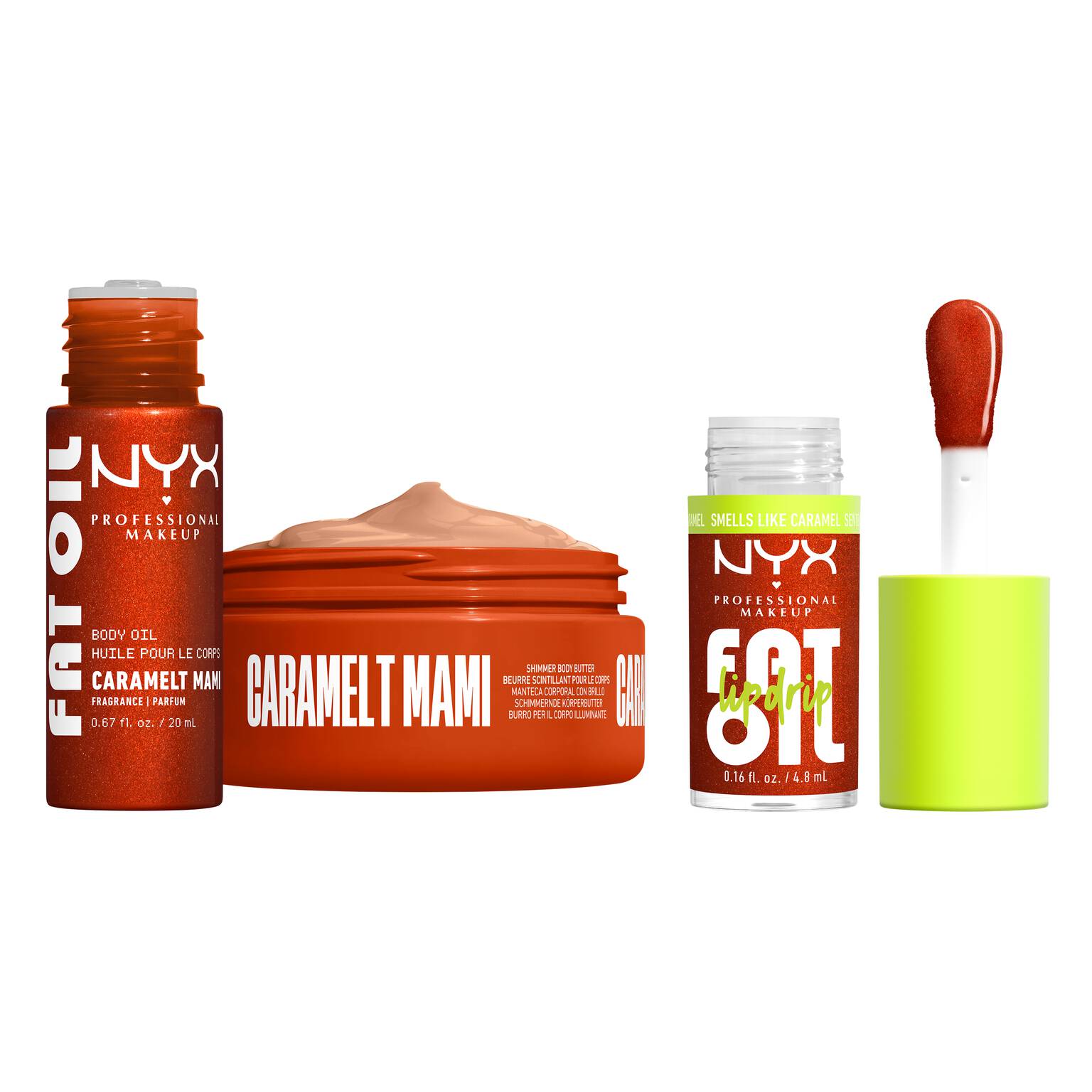NYX FAT OIL LIP & BODY KIT CARAMELT MAMI
3-piece caramel body care set for baddies on the go