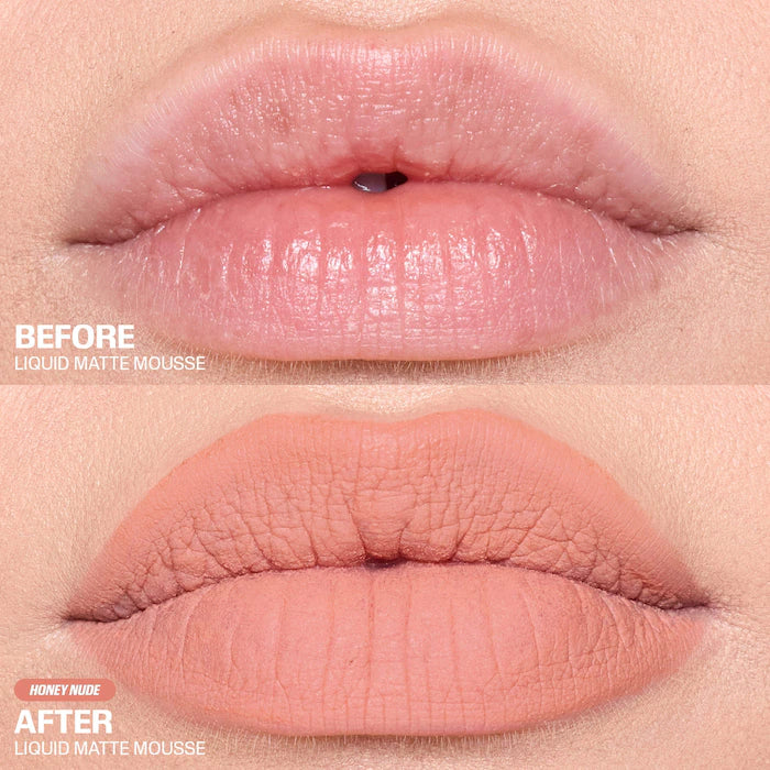 HUDA BEAUTY 
Liquid Matte Mousse Soft Blur Lip Cream Color: Honey Nude - For a peachy nude look use