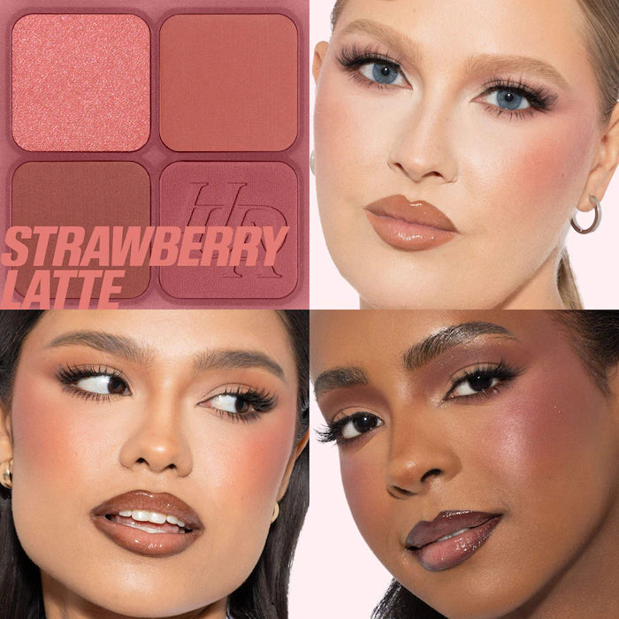HUDA BEAUTY 
Blush Filter Blurring Blushlighters Palette Color: Strawberry Latte - Strawberry Fizz, Rose Chai, Latte, Pink Espresso - a delicious blend of creamy mauve, warm rose, and rich espresso tones