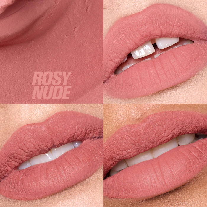 HUDA BEAUTY 
Liquid Matte Mousse Soft Blur Lip Cream Color: Rosy Nude - For a rustic rose finish look use
