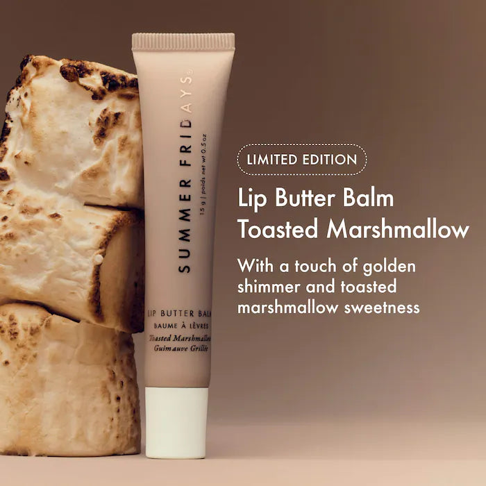 Summer Fridays 
Lip Butter Balm Treatment for Hydration + Nourishing Shine.                              Color: Toasted Marshmallow - sheer golden shimmer + toasted marshmallow flavor