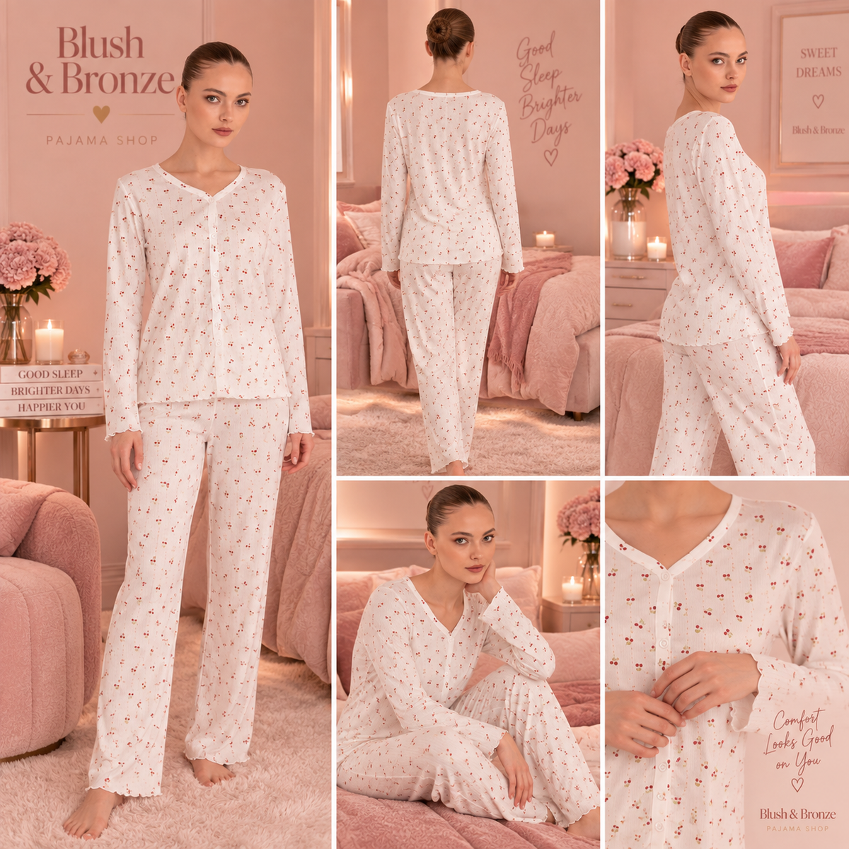 White Cherry Pyjama Set Long Sleeve