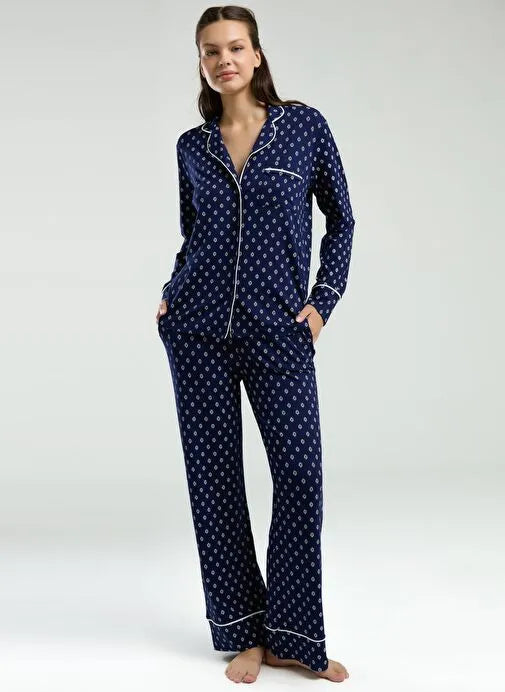 Pierre Cardin Women's Navy Shirt Pajama Set