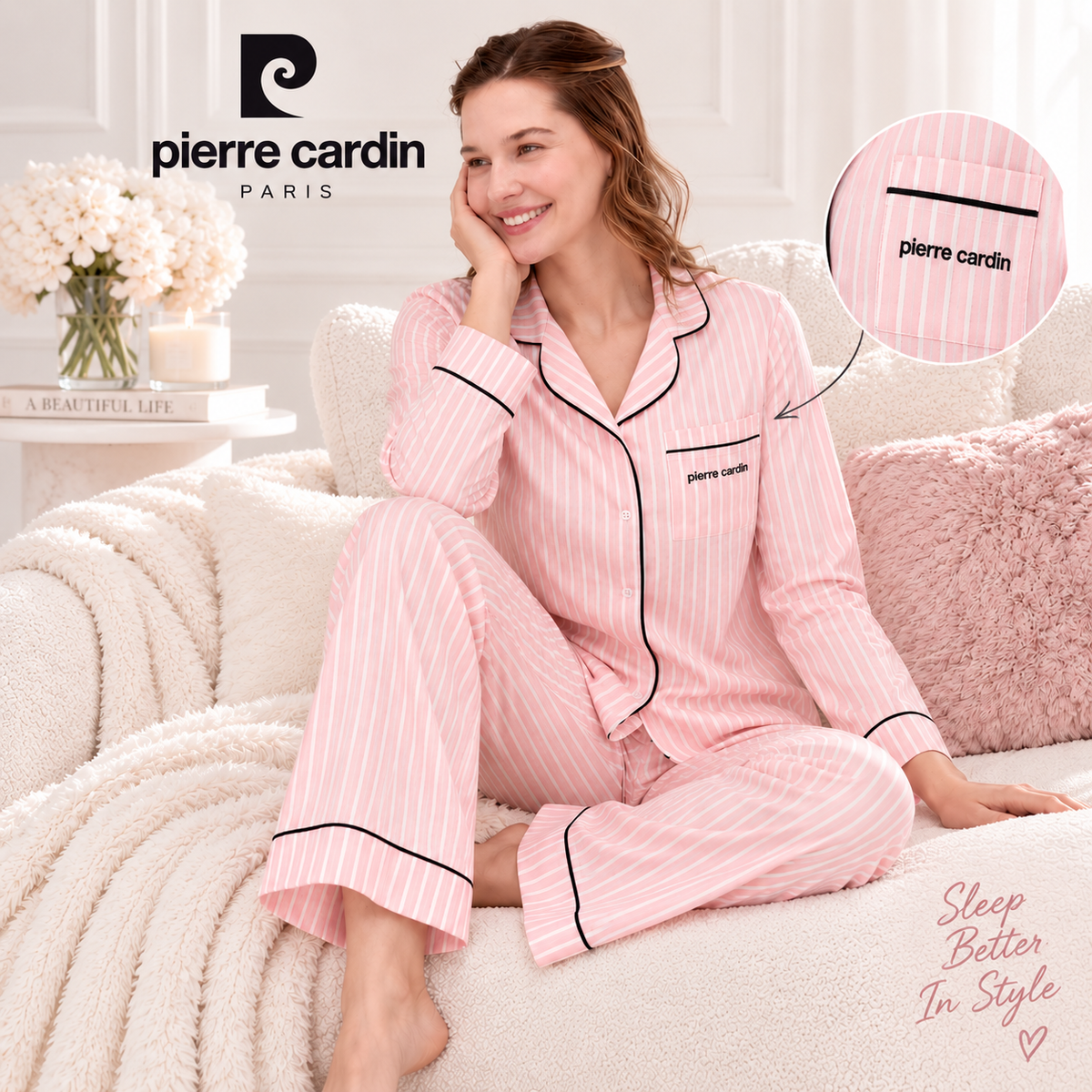 Pierre Cardin Pink Women's Pajama Set, White Striped Pajama Set, Seasonal Long-Sleeve Shirt Pajama Set