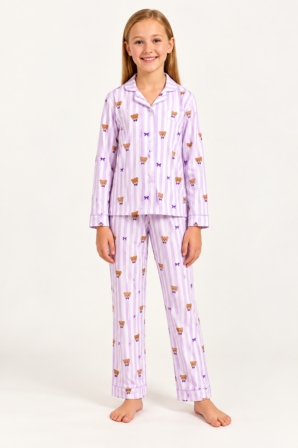 Girls’ Teddy Bear Lavender Striped Pajama Set
