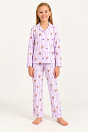 Girls’ Teddy Bear Lavender Striped Pajama Set