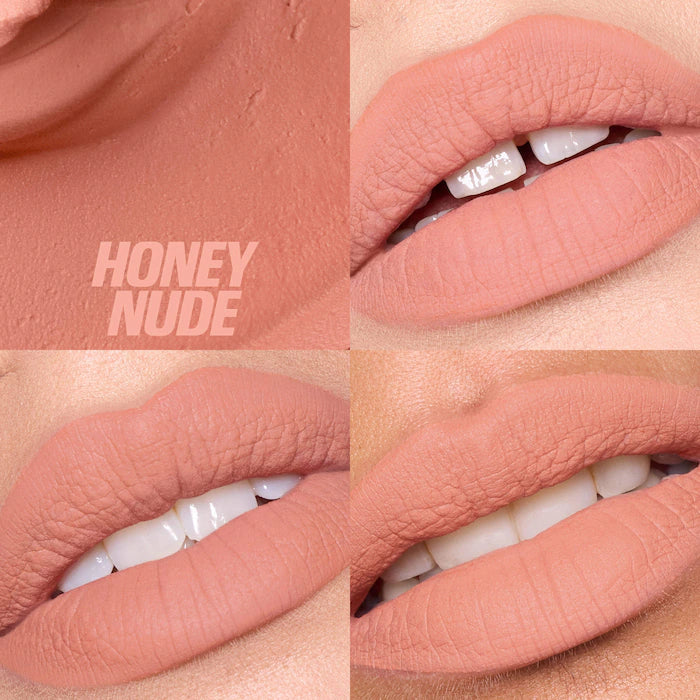 HUDA BEAUTY 
Liquid Matte Mousse Soft Blur Lip Cream Color: Honey Nude - For a peachy nude look use