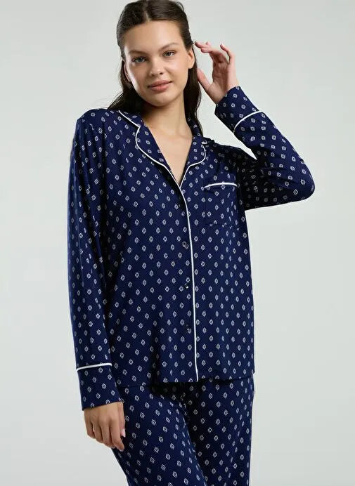Pierre Cardin Women's Navy Shirt Pajama Set
