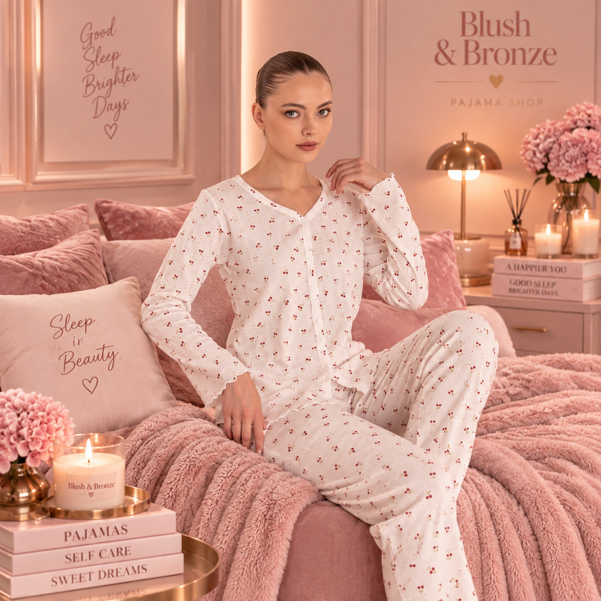 White Cherry Pyjama Set Long Sleeve