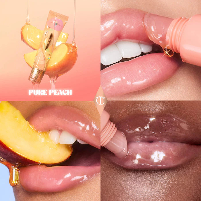 Charlotte Tilbury 
Unreal Lips Healthy Glow Nectar Nourishing Lip Oil with Hyaluronic Acid and Vitamin E Color: Juicylicious Pure Peach - a sheer peach glow
