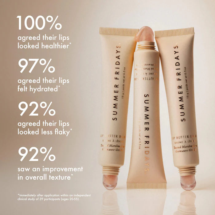 Summer Fridays 
Lip Butter Balm Treatment for Hydration + Nourishing Shine.                              Color: Toasted Marshmallow - sheer golden shimmer + toasted marshmallow flavor