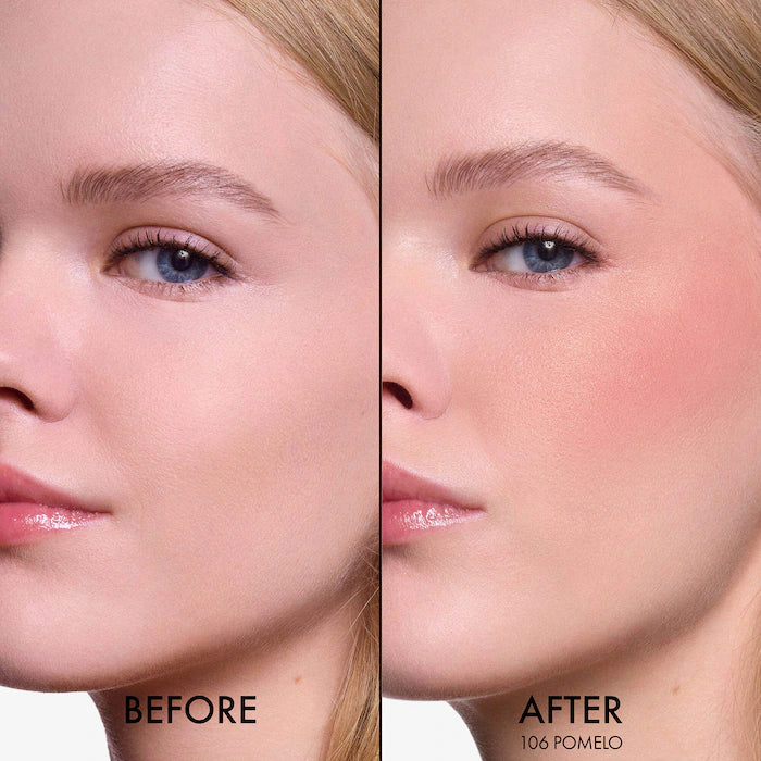 DIOR 
Rosy Glow Powder Blush Color: 106 Pomelo - A nude pink with golden shimmer