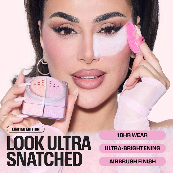 HUDA BEAUTY 
Easy Bake Blurring Loose Baking & Setting Powder Color: Pink Ube - pink velvet cookie (deep rosy pink) & ube birthday cake (electric lilac)