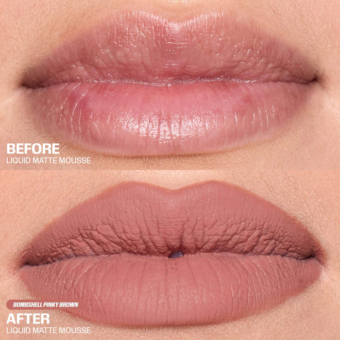 HUDA BEAUTY 
Liquid Matte Mousse Soft Blur Lip Cream Color: Bombshell Pinky Brown - For an effortless pinky brown look use