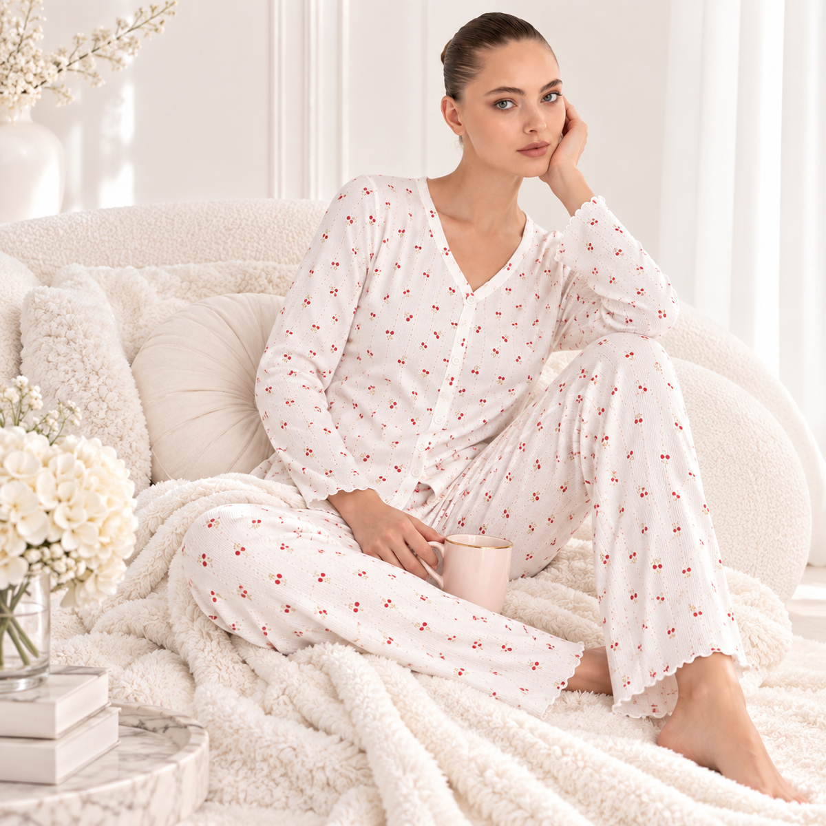 White Cherry Pyjama Set Long Sleeve