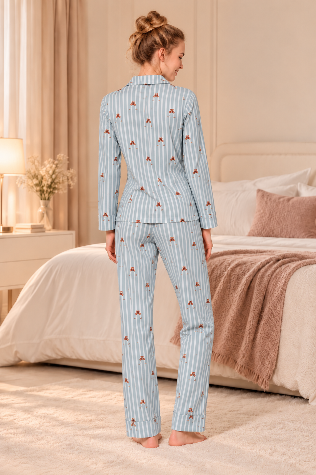 Women's Teddy Bear Blue Striped Pajama Set