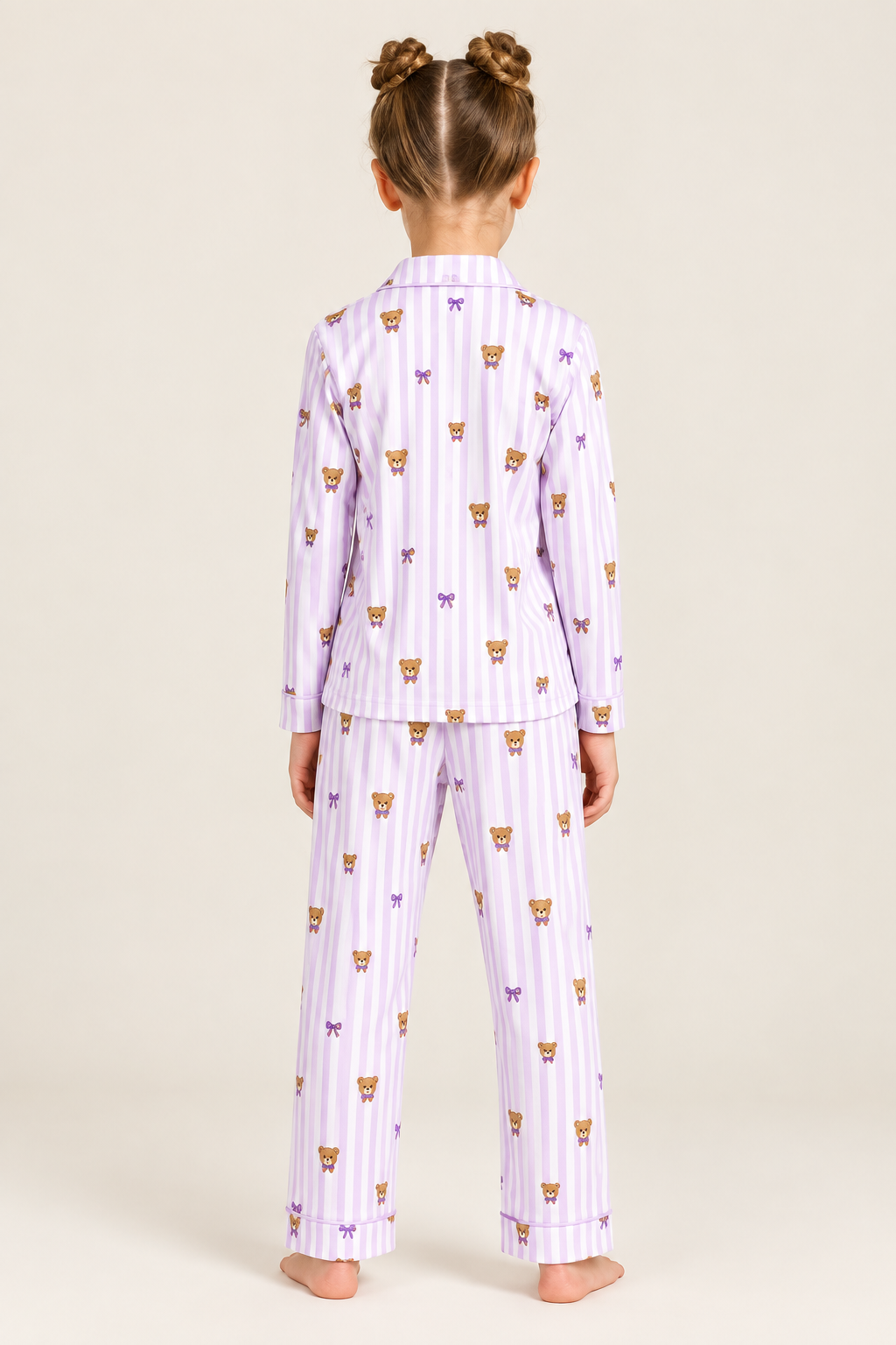 Girls’ Teddy Bear Lavender Striped Pajama Set