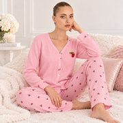 Cherry Print Ribbed Pajama Set Long Sleeve– Pink
