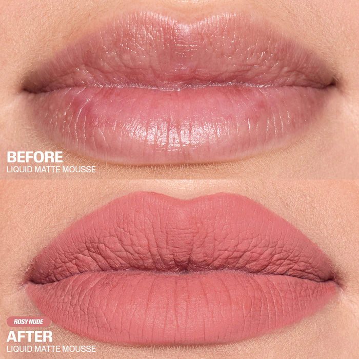 HUDA BEAUTY 
Liquid Matte Mousse Soft Blur Lip Cream Color: Rosy Nude - For a rustic rose finish look use