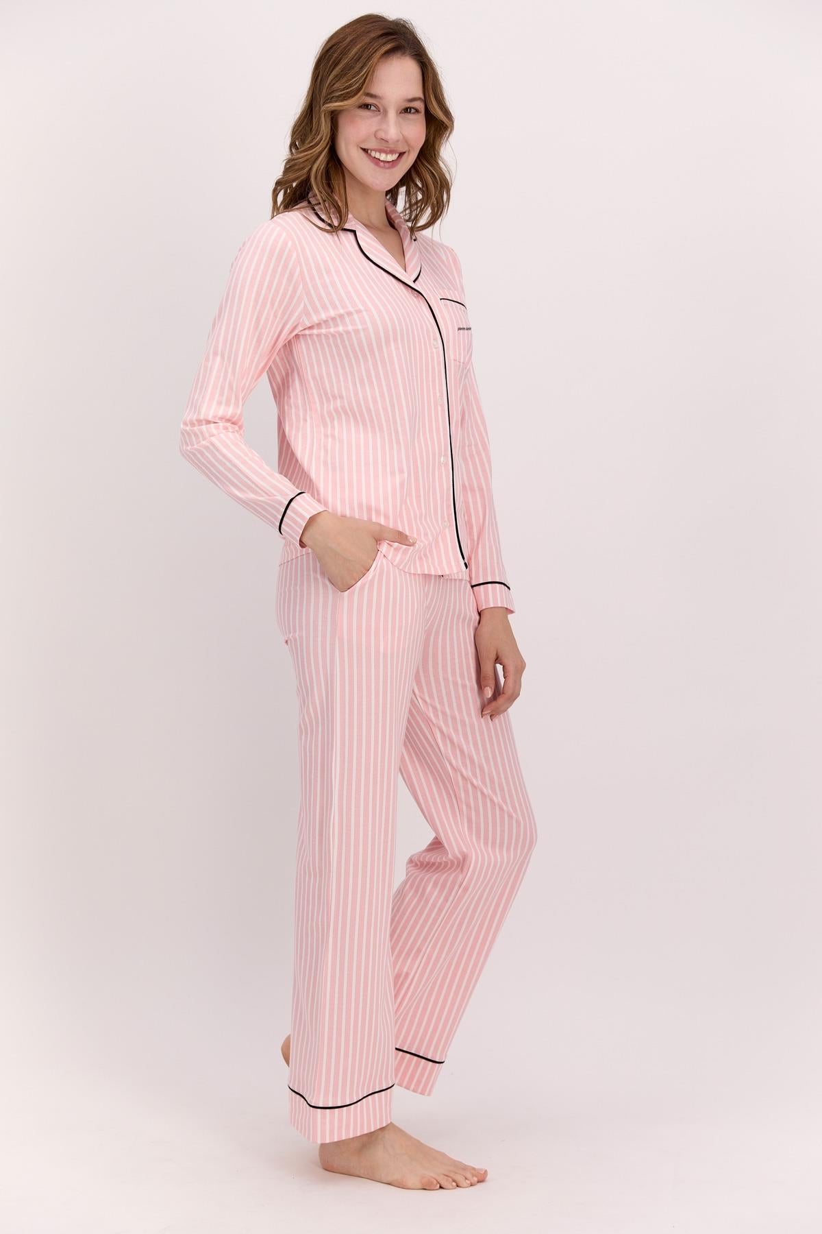 Pierre Cardin Pink Women's Pajama Set, White Striped Pajama Set, Seasonal Long-Sleeve Shirt Pajama Set