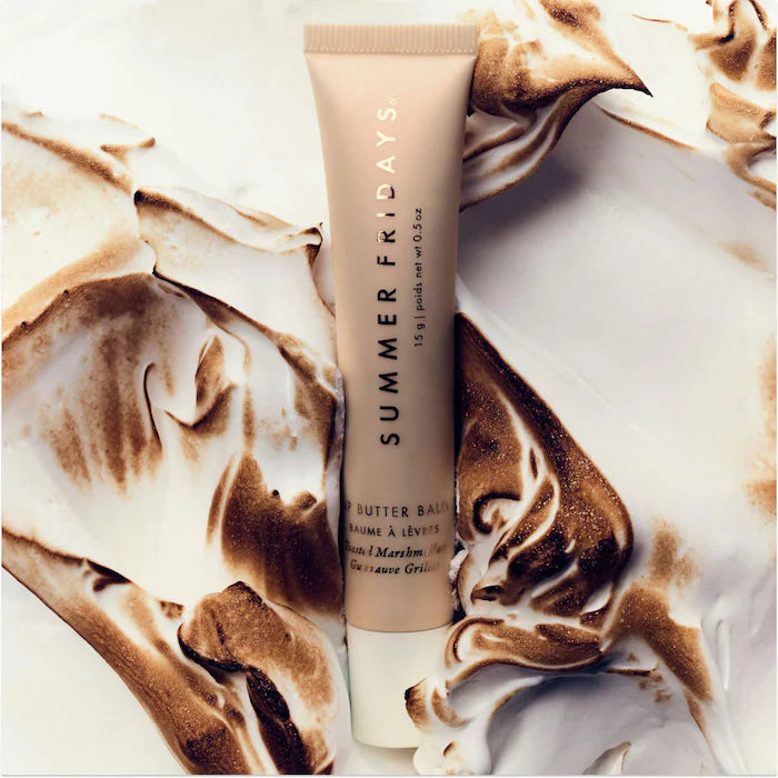 Summer Fridays 
Lip Butter Balm Treatment for Hydration + Nourishing Shine.                              Color: Toasted Marshmallow - sheer golden shimmer + toasted marshmallow flavor