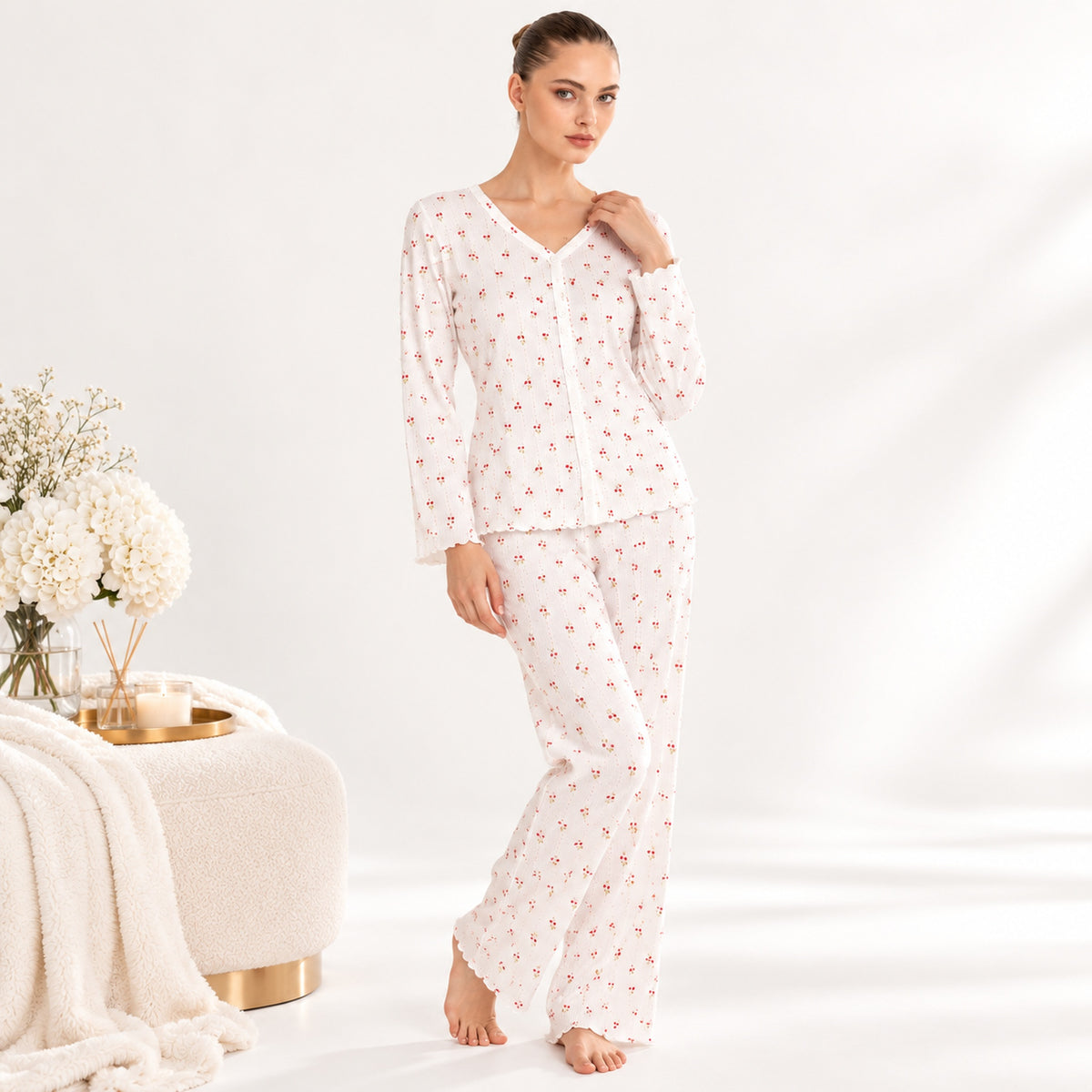 White Cherry Pyjama Set Long Sleeve