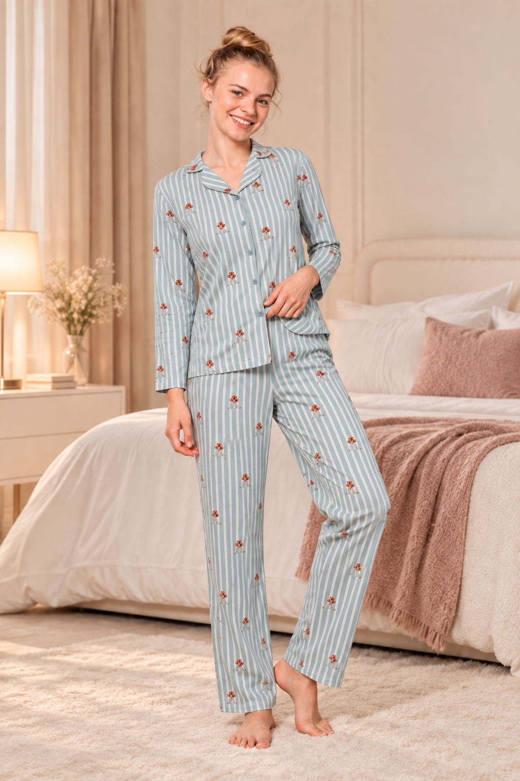 Women's Teddy Bear Blue Striped Pajama Set