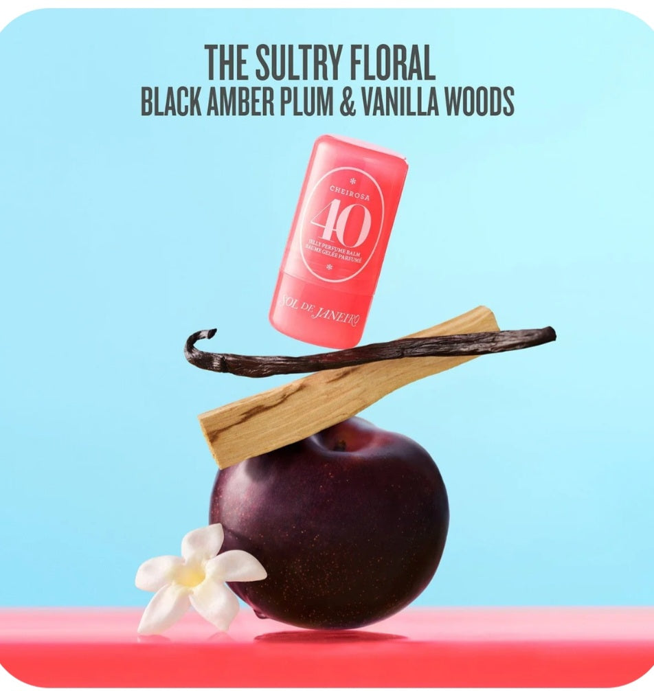 SOL DE JANEIRO PERFUME BALM 40 BLACK AMBER PLUM & VANILLA WOODS FLORAL STICK LASTS UP TO 10 HOURS