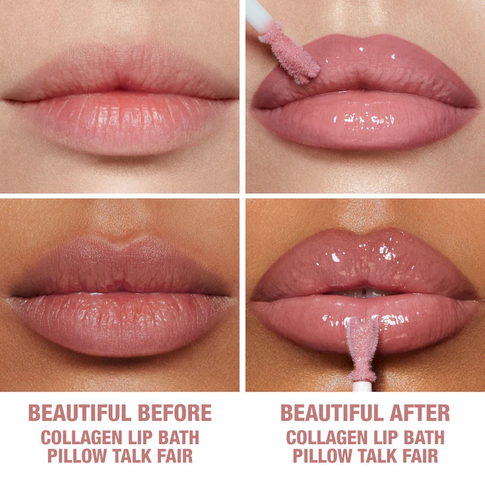 Charlotte Tilbury 
Collagen Lip Bath Gloss Color: Pillow Talk Fair - cool nude pink