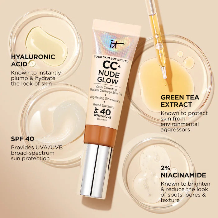 IT Cosmetics  CC+ Nude Glow Lightweight Foundation + Glow Serum with SPF 40 and Niacinamide Color: Neutral Medium -