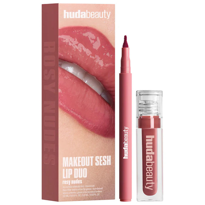HUDA BEAUTY  Make Out Sesh Lip Stain and Lip Gloss Duos-Color: Rosy bombshell