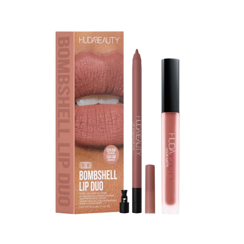 HUDA BEAUTY BOMBSHELL LIP DUO - LIP CONTOUR 2.0  BOMBSHELL PINKY BROWN AND BOMBSHELL LIQUID MATTE -